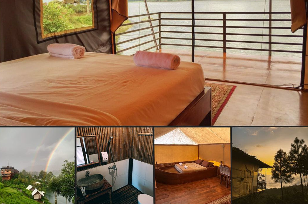 Lakeside tent accommodation with room information and facilities listed.